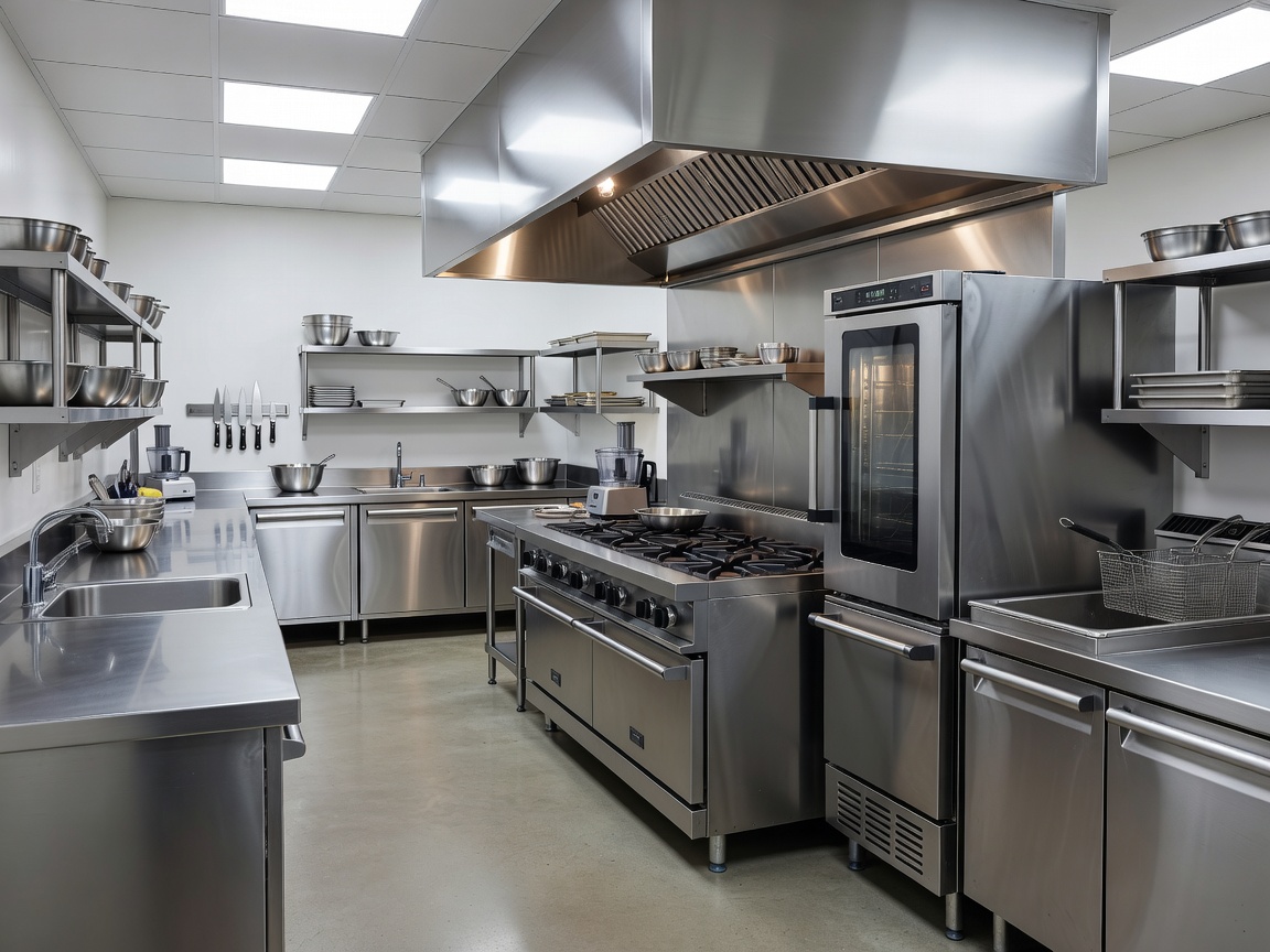 Clean stainless-steel commercial kitchen with cooking and preparation equipment