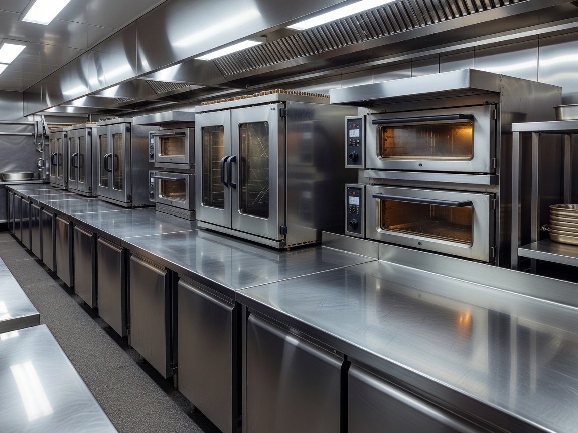 Commercial cooking line with ovens and stainless preparation surfaces