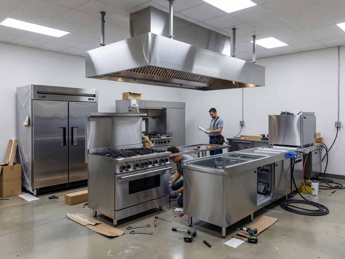 Commercial kitchen equipment arranged during an installation