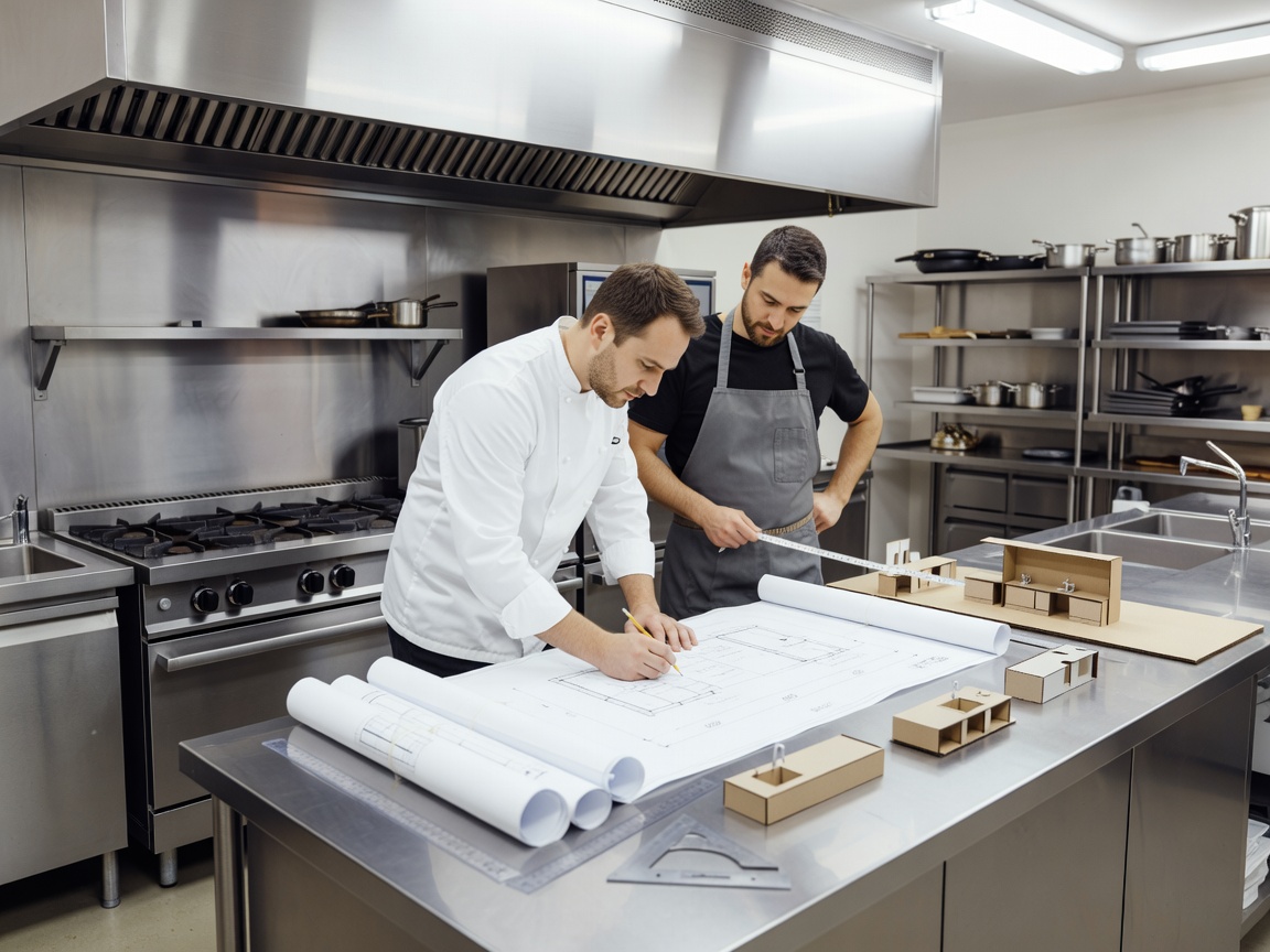 Commercial kitchen layout planning beside stainless equipment