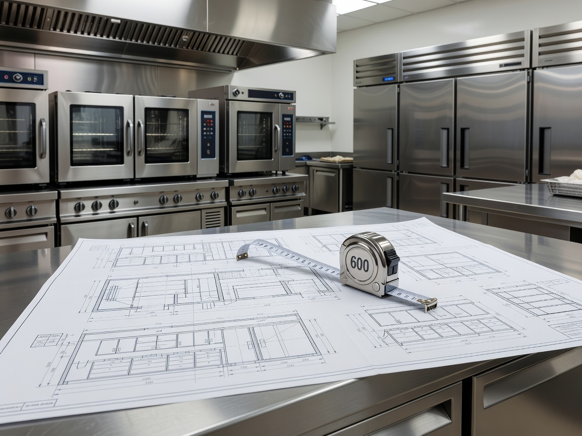 Commercial kitchen planning documents beside stainless equipment