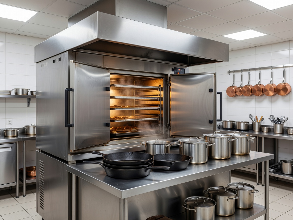 Commercial oven and cooking equipment in a professional kitchen
