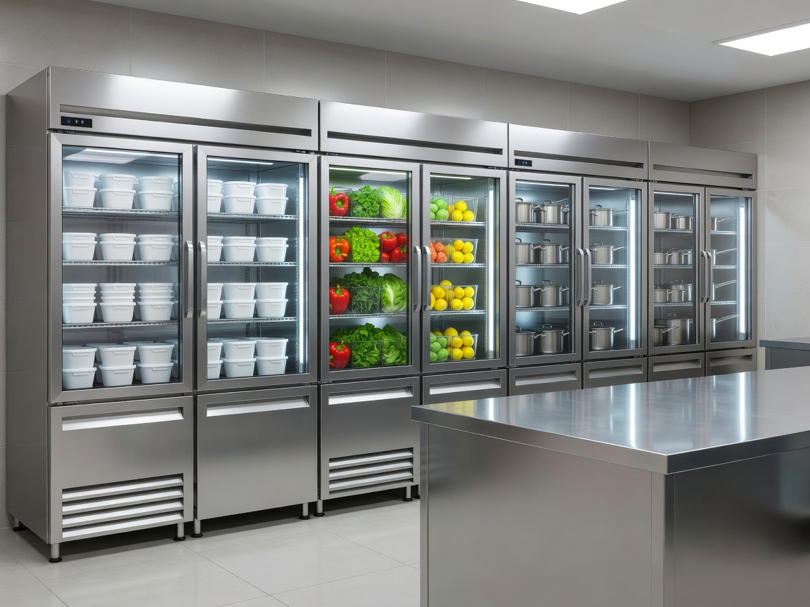 Commercial refrigeration cabinets in a clean professional kitchen