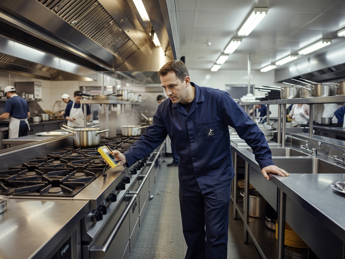 Professional technician inspecting commercial kitchen equipment