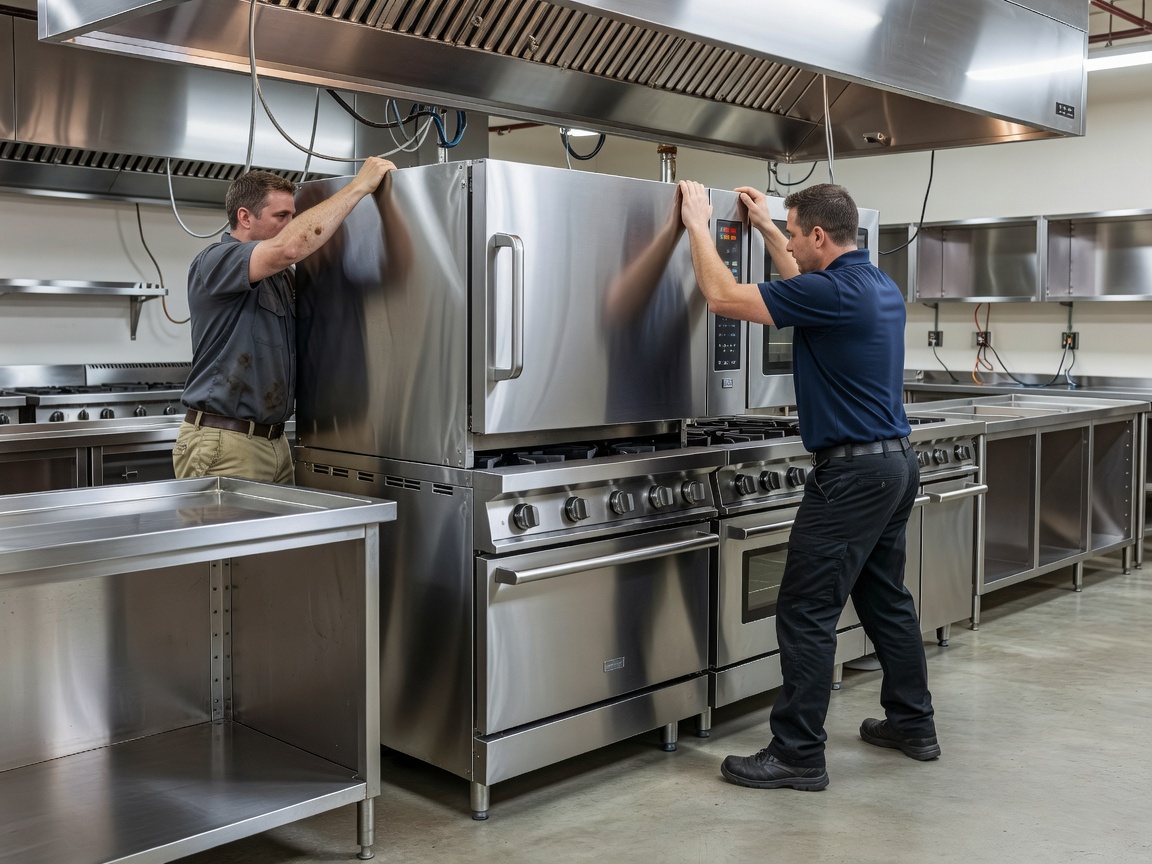Stainless commercial kitchen equipment being positioned during installation
