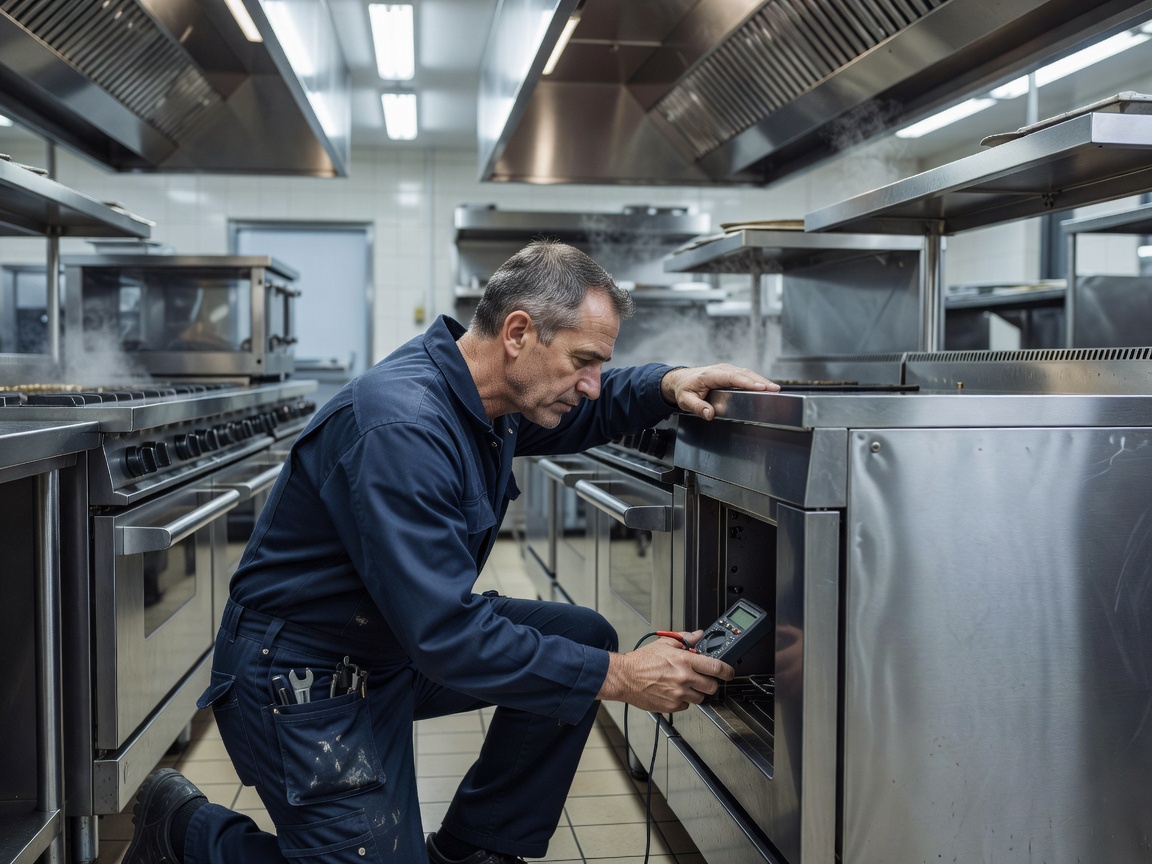 Technician checking stainless commercial kitchen equipment